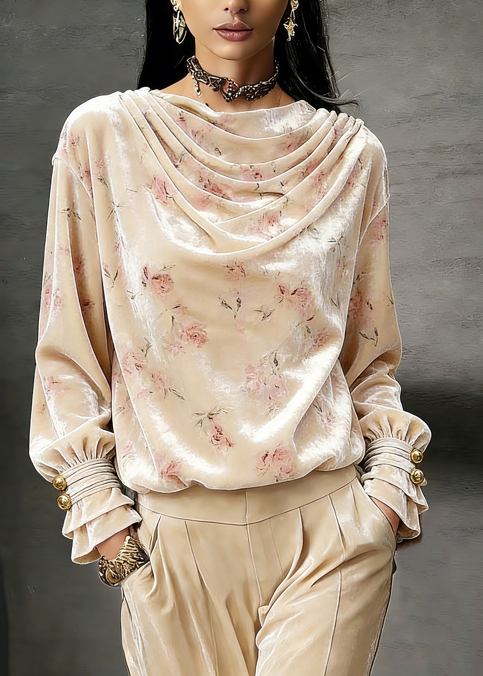 Cute Pink Draped Necklin Print Silk Velour Shirts Lantern Sleeve - Omychic