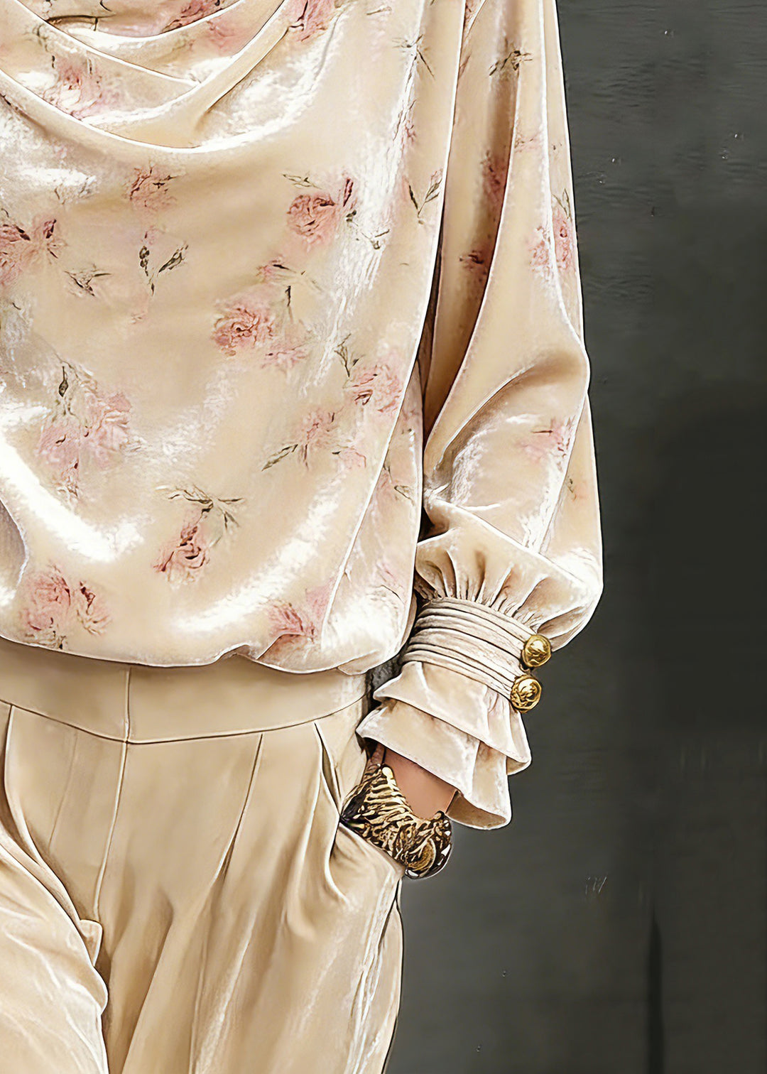 Cute Pink Draped Necklin Print Silk Velour Shirts Lantern Sleeve - Omychic