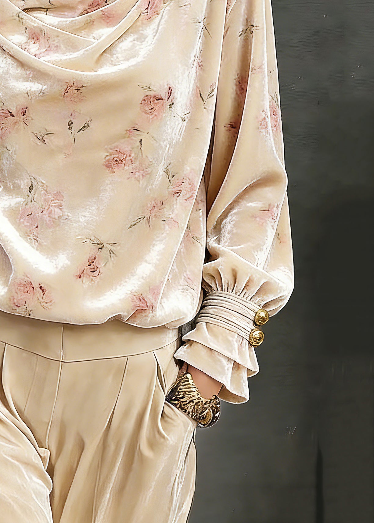 Cute Pink Draped Necklin Print Silk Velour Shirts Lantern Sleeve - Omychic