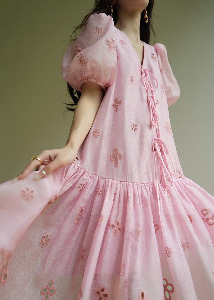Cute Pink Embroidered Tie Lace Mid Dress Summer