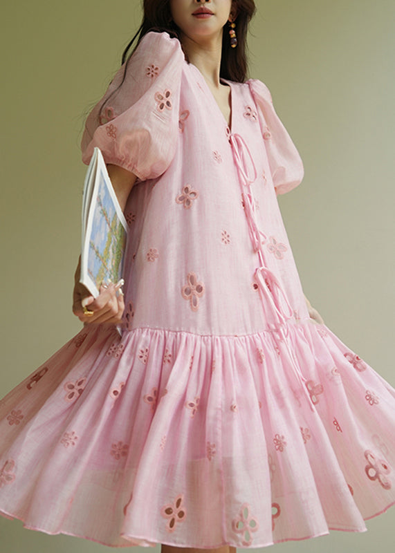 Cute Pink Embroidered Tie Lace Mid Dress Summer