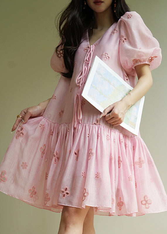Cute Pink Embroidered Tie Lace Mid Dress Summer