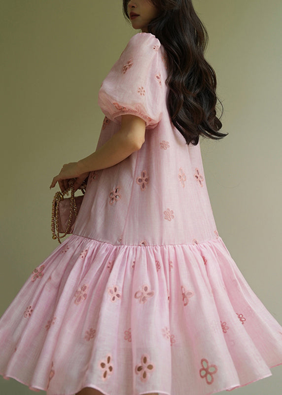 Cute Pink Embroidered Tie Lace Mid Dress Summer