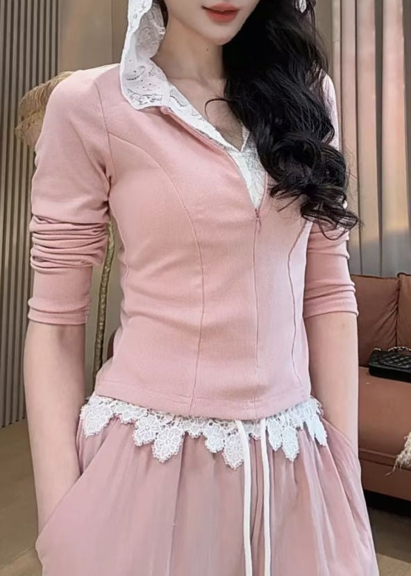 Cute Pink Fake Two Pieces Hooded Sweatshirt And Wide Leg Pants Two Pieces Set Spring