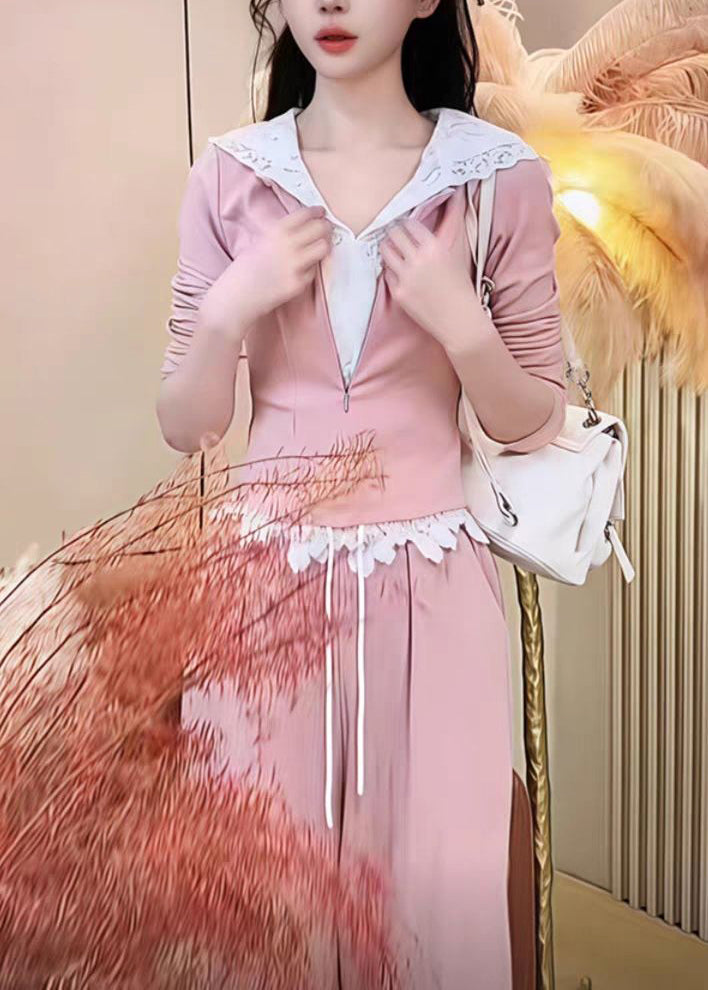 Cute Pink Fake Two Pieces Hooded Sweatshirt And Wide Leg Pants Two Pieces Set Spring