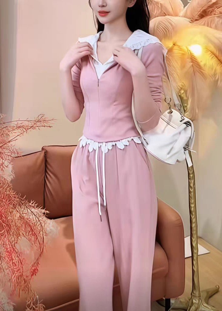 Cute Pink Fake Two Pieces Hooded Sweatshirt And Wide Leg Pants Two Pieces Set Spring
