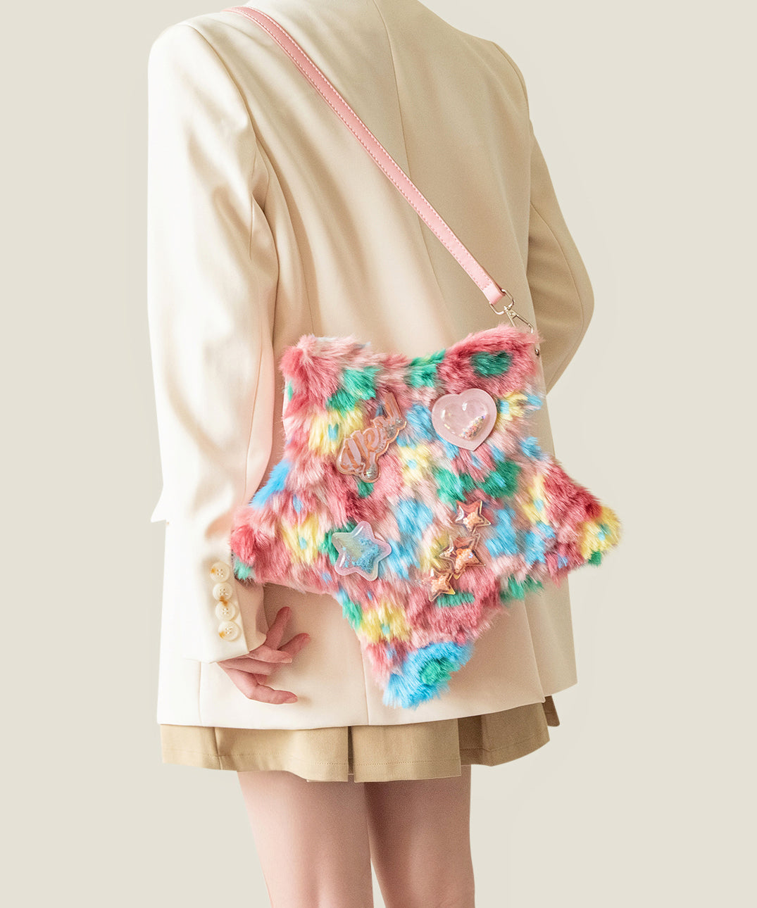 Cute Pink Five-pointed Star Patchwork Faux Fur Girls Backpack Bag