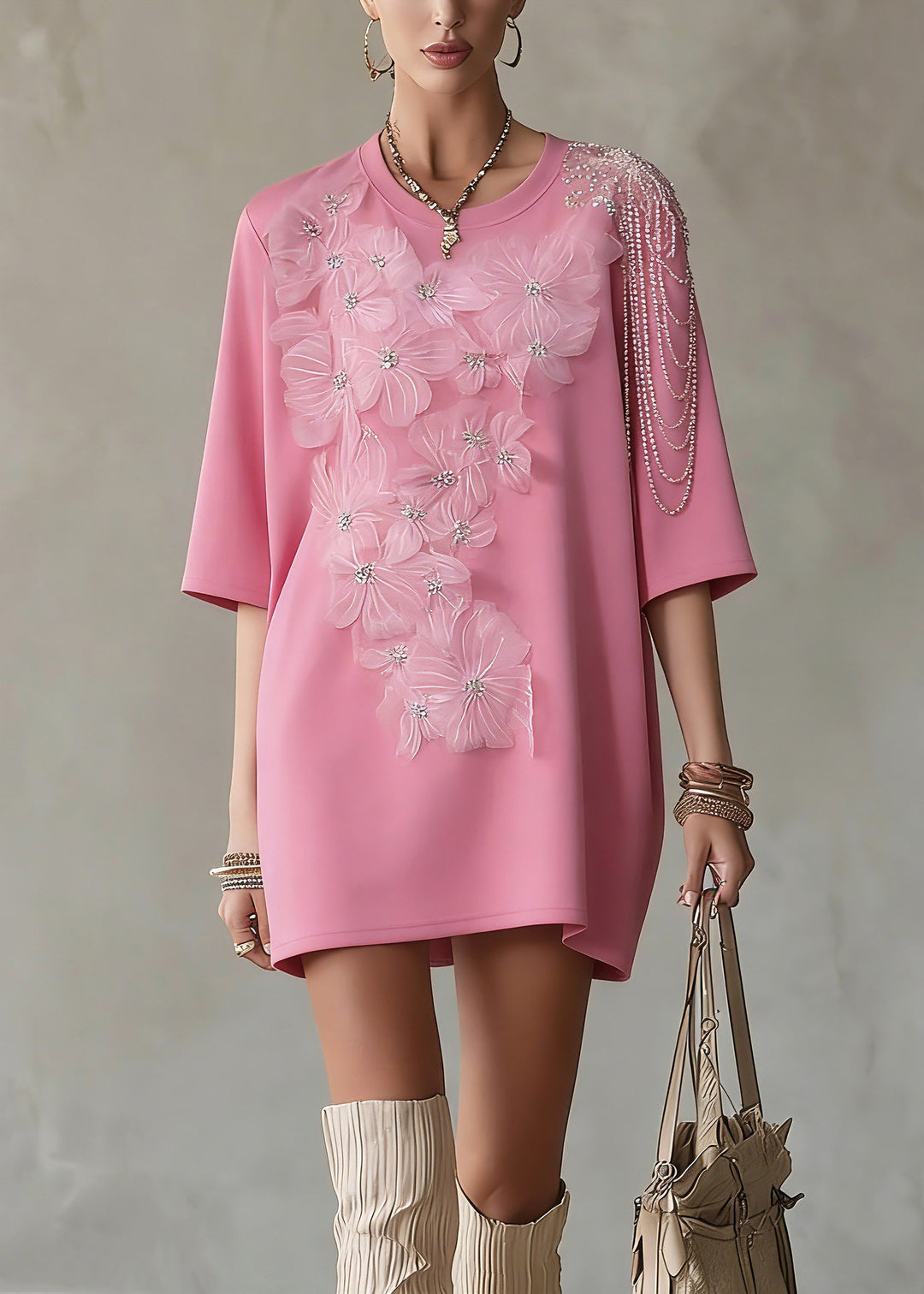 Cute Pink Floral Patchwork Solid T Shirt Summer