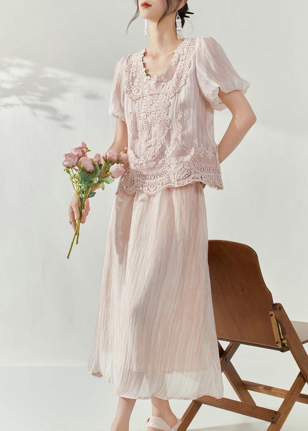 Cute Pink Lace Patchwork Silk Cotton Top And Maxi Skirts Two Pieces Set Puff Sleeve