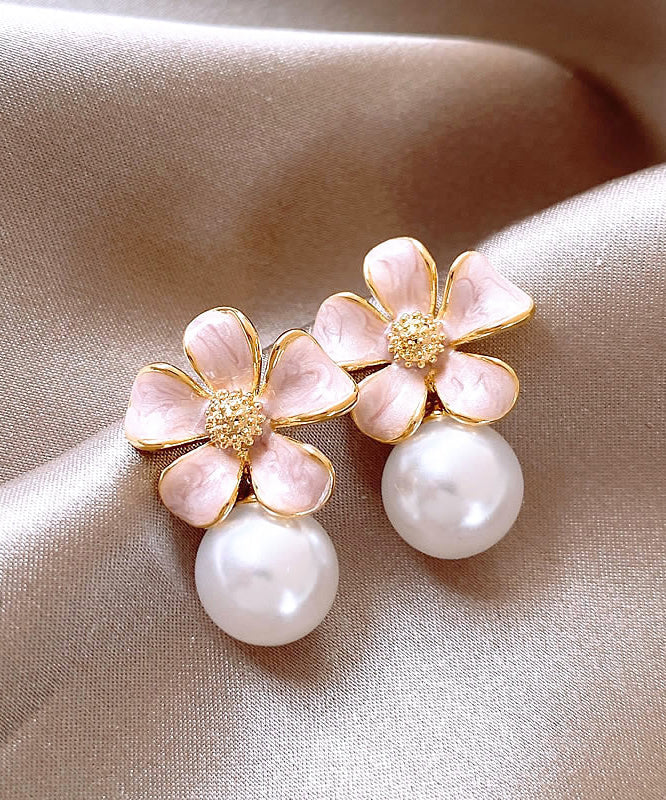 Cute Pink Metal Alloy Pearl Floral Drip Glaze Stud Earrings