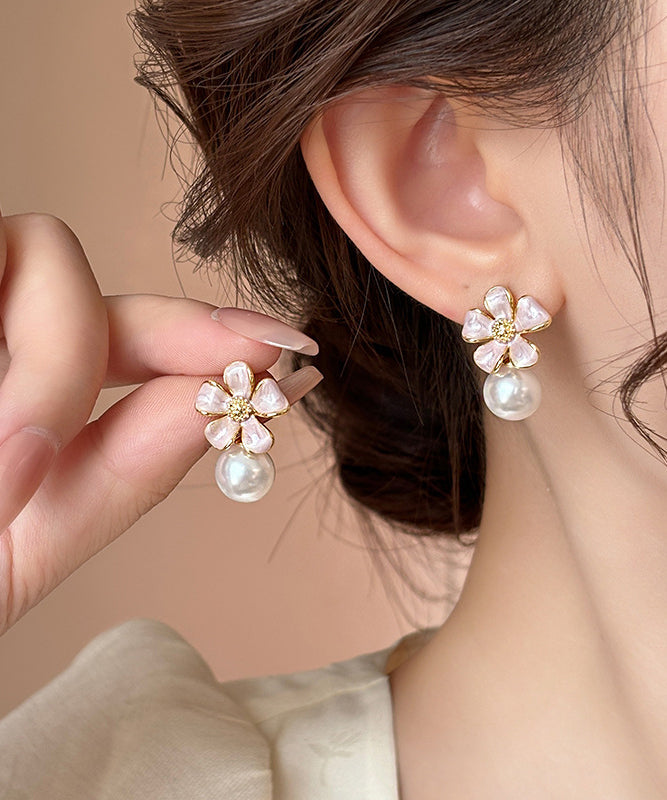 Cute Pink Metal Alloy Pearl Floral Drip Glaze Stud Earrings