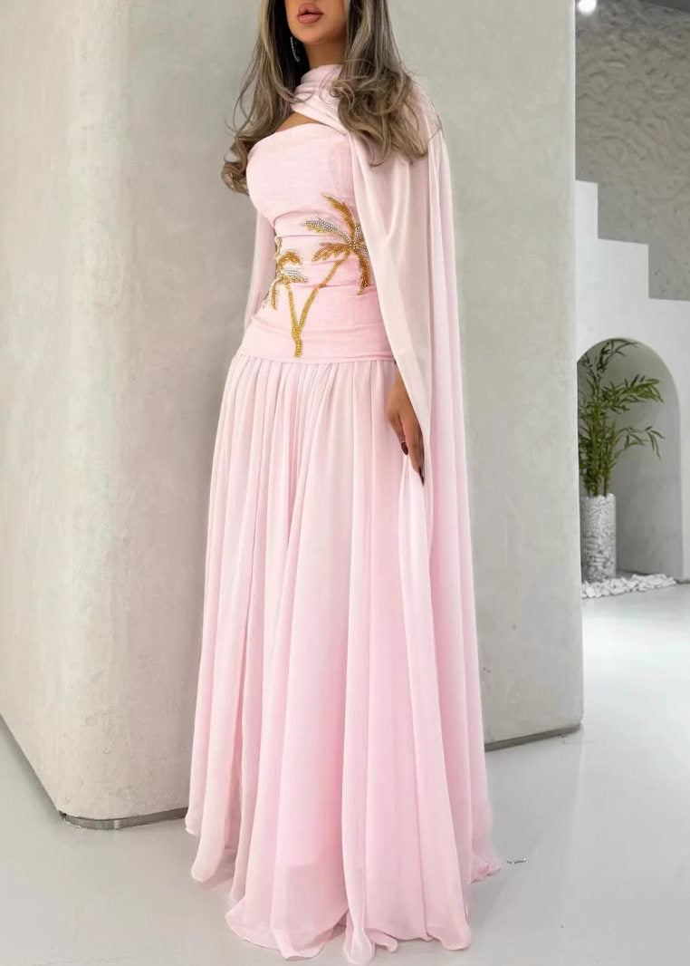 Cute Pink Nail Bead Shawl Long Dress Batwin Sleeve