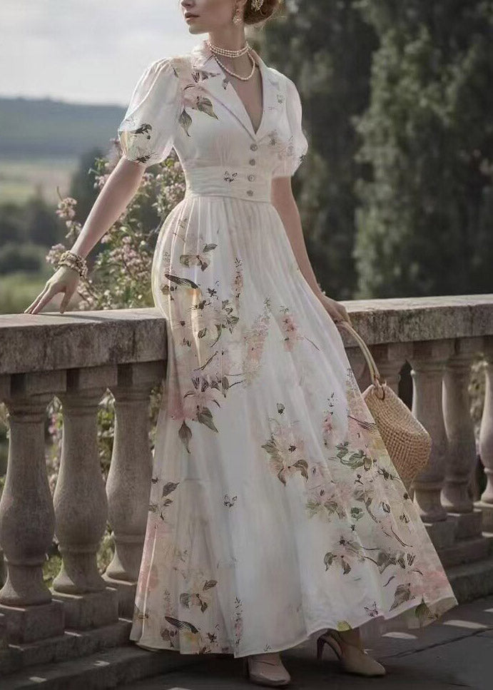 Cute Pink Notched Print Tunic Long Dress Lantern Sleeve
