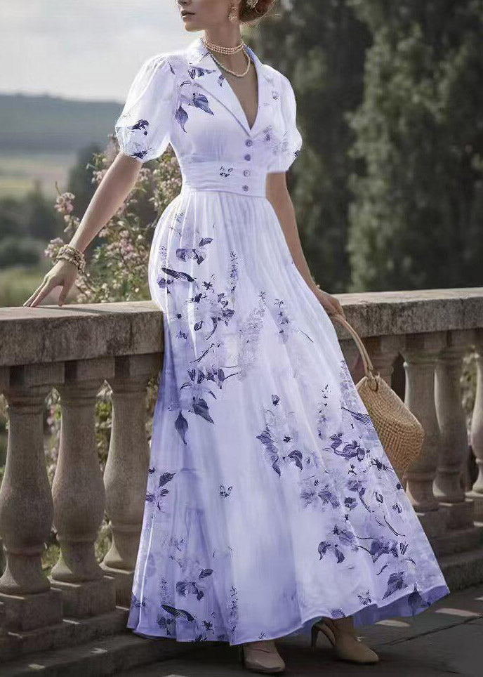 Cute Pink Notched Print Tunic Long Dress Lantern Sleeve