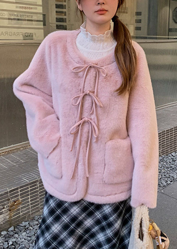 Cute Pink O-Neck Button Mink Hair Coat Long Sleeve