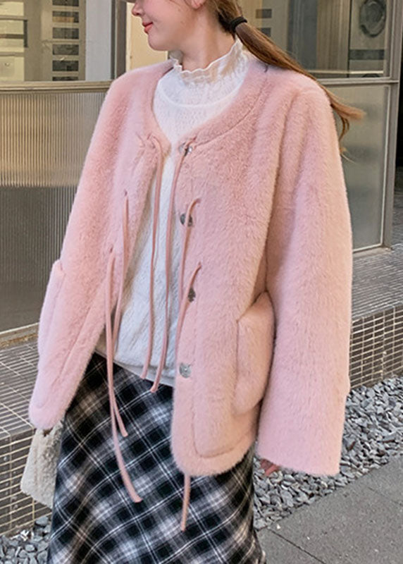Cute Pink O-Neck Button Mink Hair Coat Long Sleeve