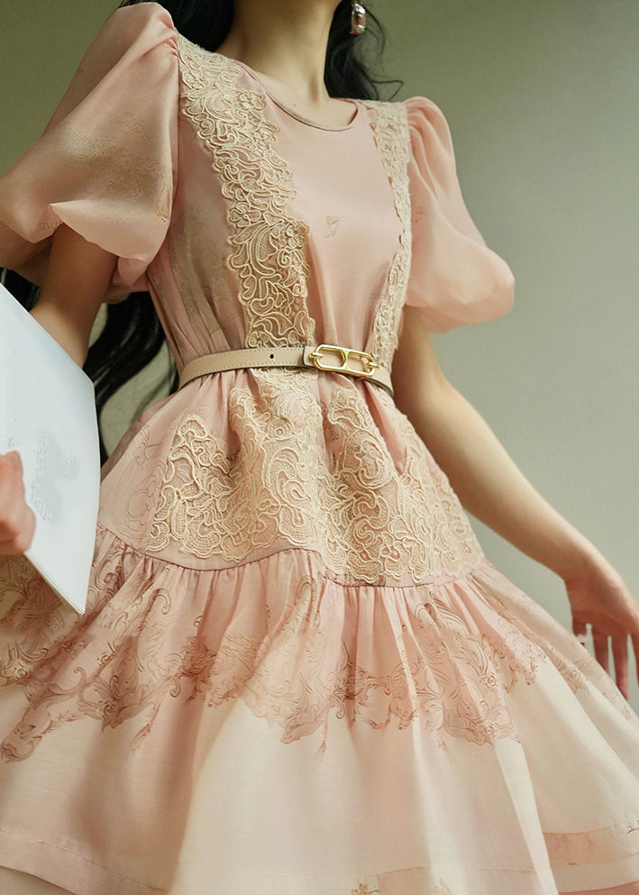 Cute Pink O-Neck Embroidered Floral Mid Dresses Summer
