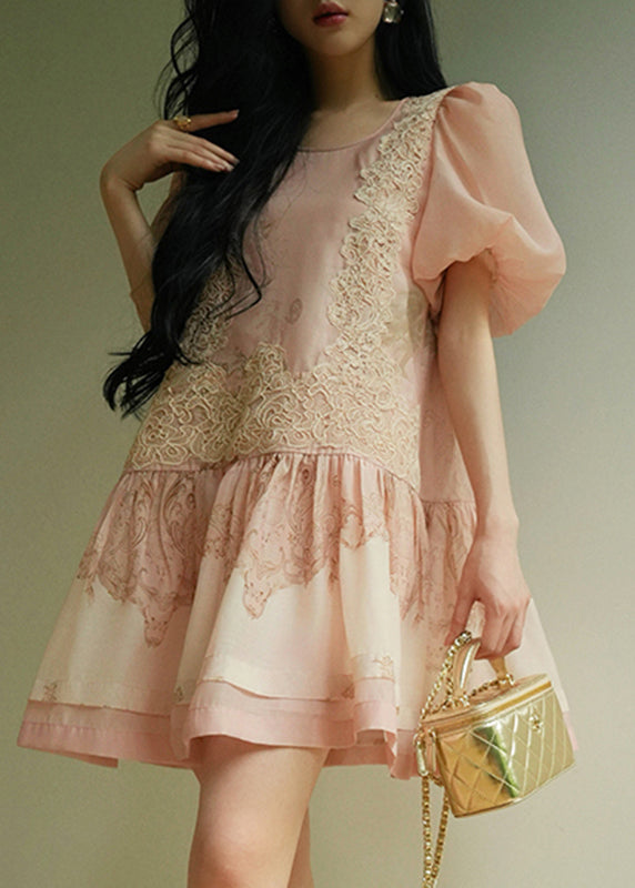 Cute Pink O-Neck Embroidered Floral Mid Dresses Summer