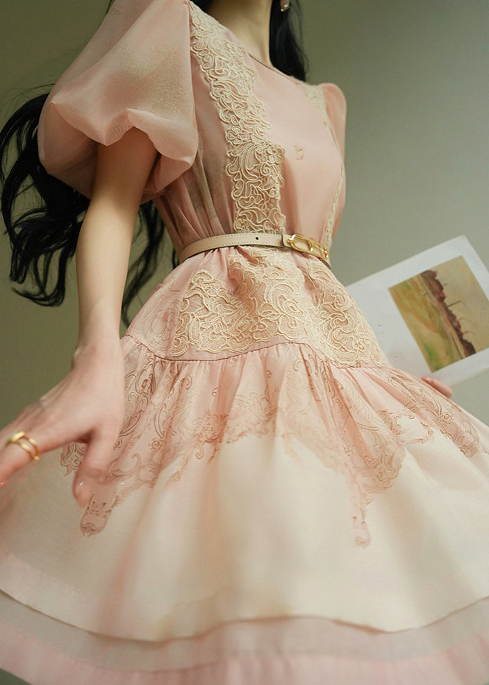 Cute Pink O-Neck Embroidered Floral Mid Dresses Summer