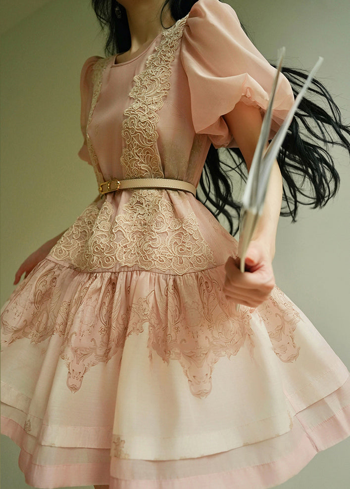 Cute Pink O-Neck Embroidered Floral Mid Dresses Summer