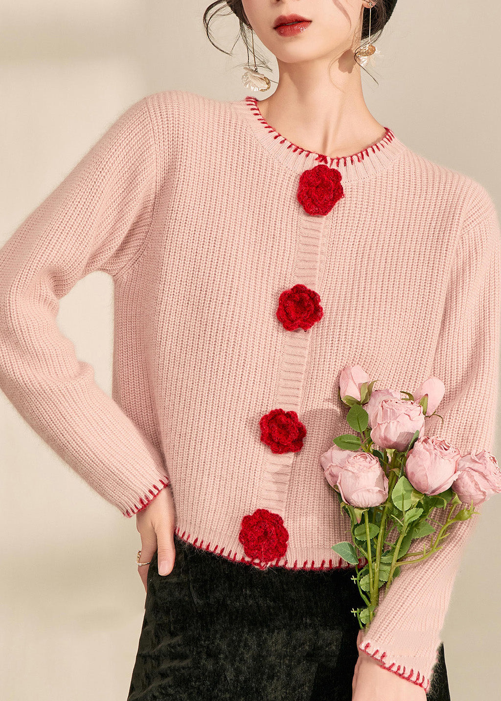 Cute Pink O-Neck Floral Button Cotton Knit Cardigans Fall