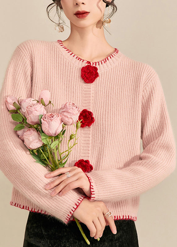 Cute Pink O-Neck Floral Button Cotton Knit Cardigans Fall