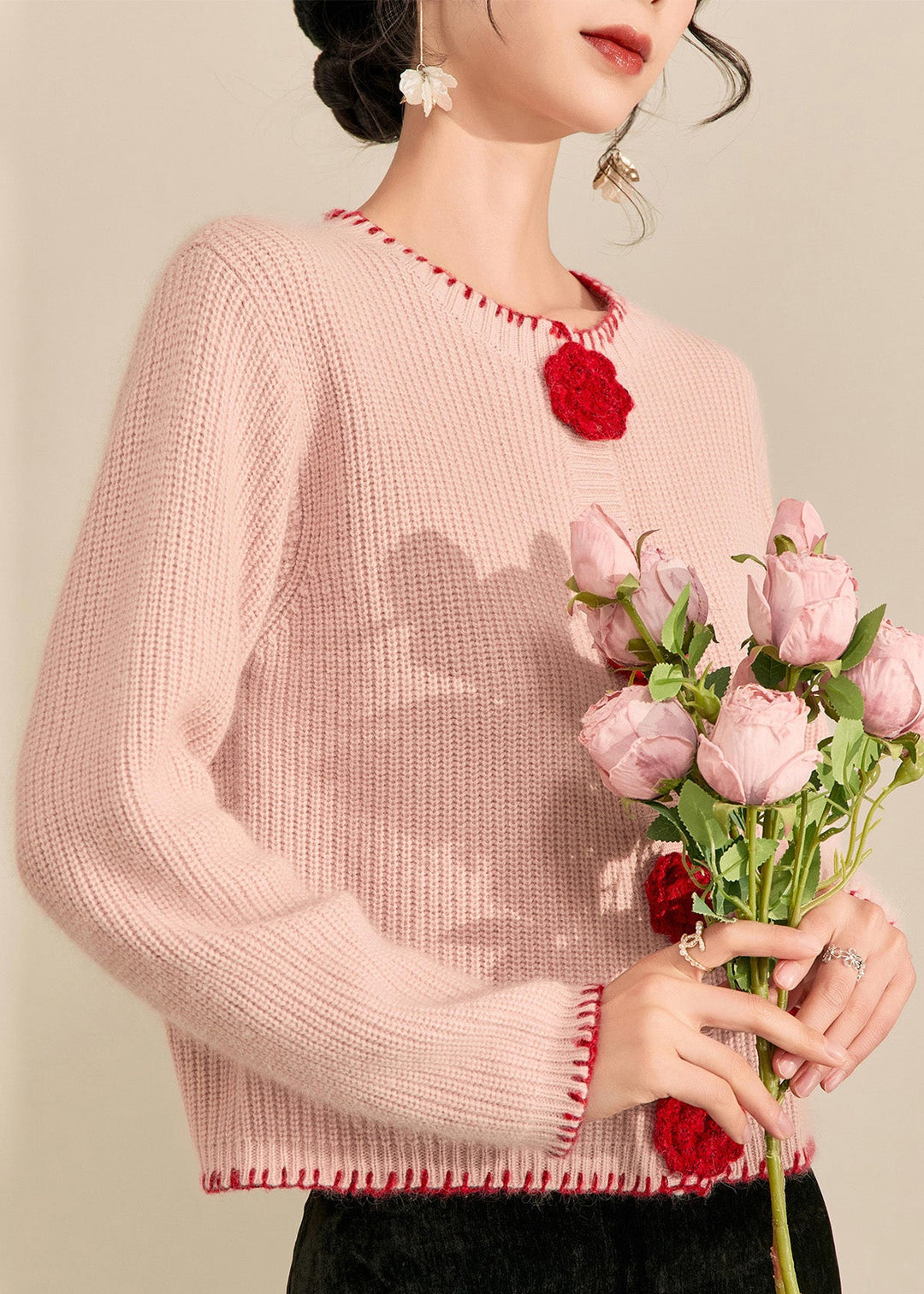 Cute Pink O-Neck Floral Button Cotton Knit Cardigans Fall