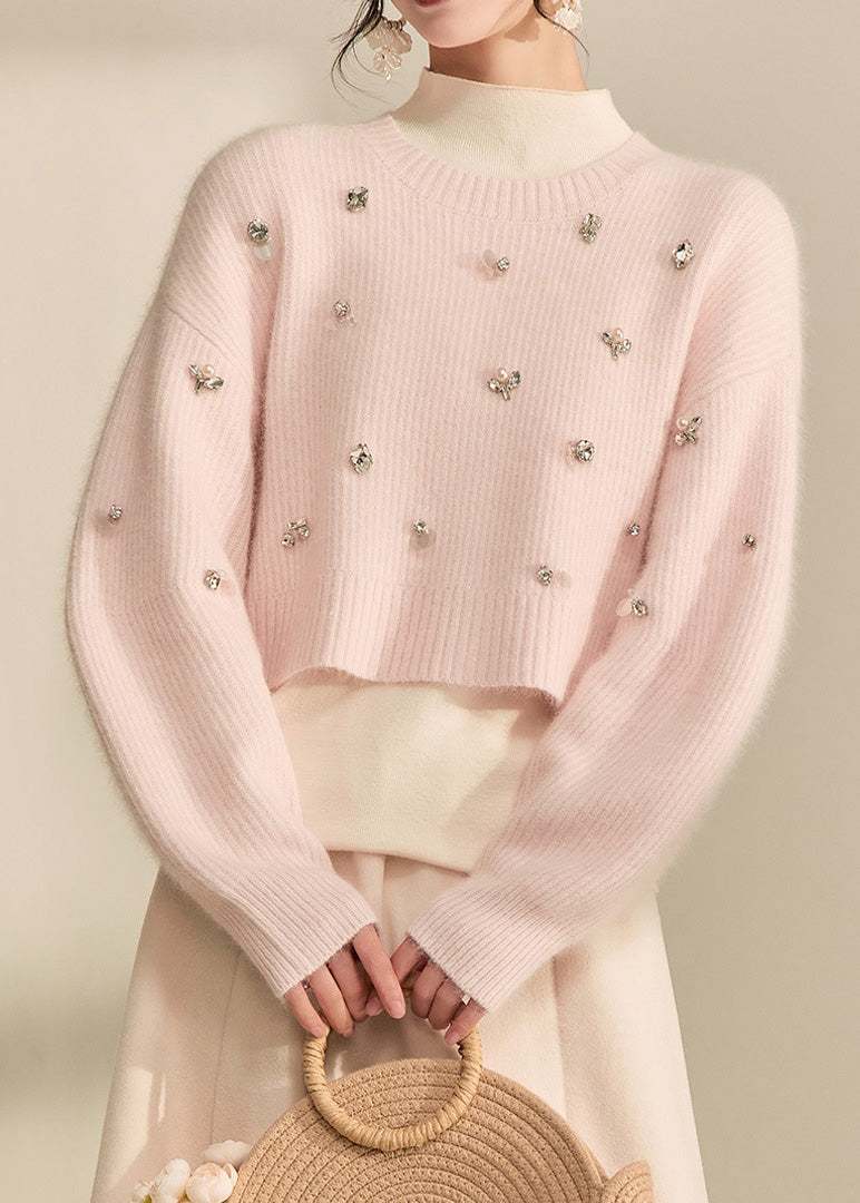 Cute Pink O-Neck Nail Bead Cotton Knit Short Sweater Spring