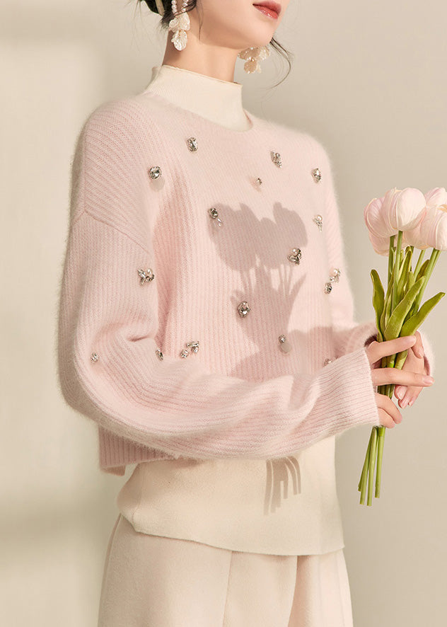 Cute Pink O-Neck Nail Bead Cotton Knit Short Sweater Spring
