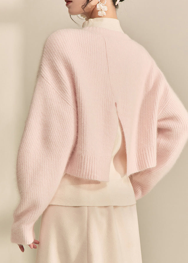 Cute Pink O-Neck Nail Bead Cotton Knit Short Sweater Fall