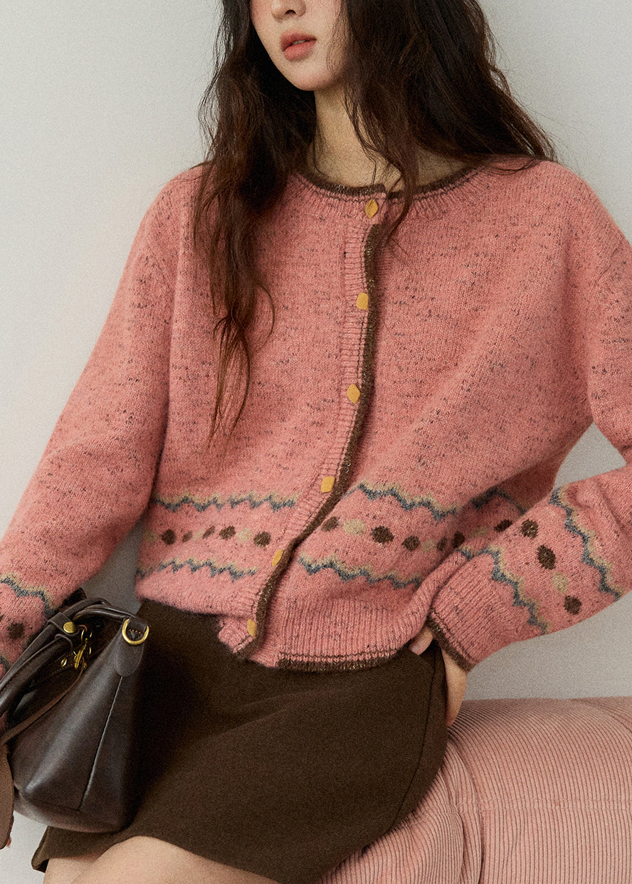 Cute Pink O-Neck Print Button Cotton Knit Cardigans Fall