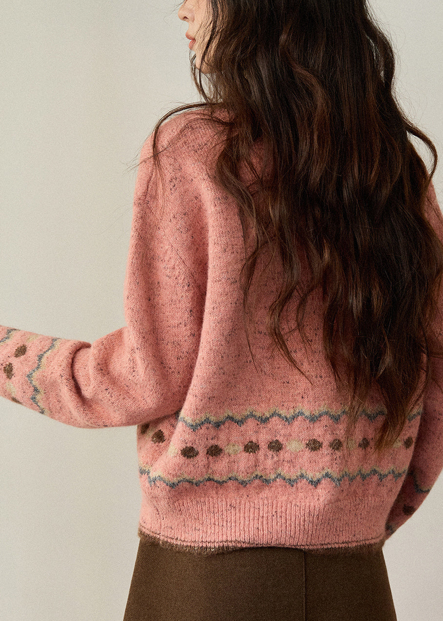 Cute Pink O-Neck Print Button Cotton Knit Cardigans Fall