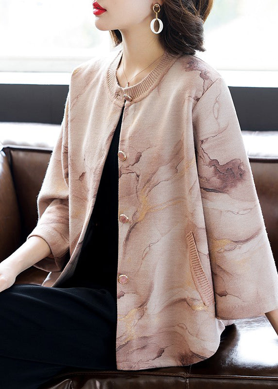 Cute Pink O-Neck Print Button Cotton Knit Coats Three Quarter Sleeve