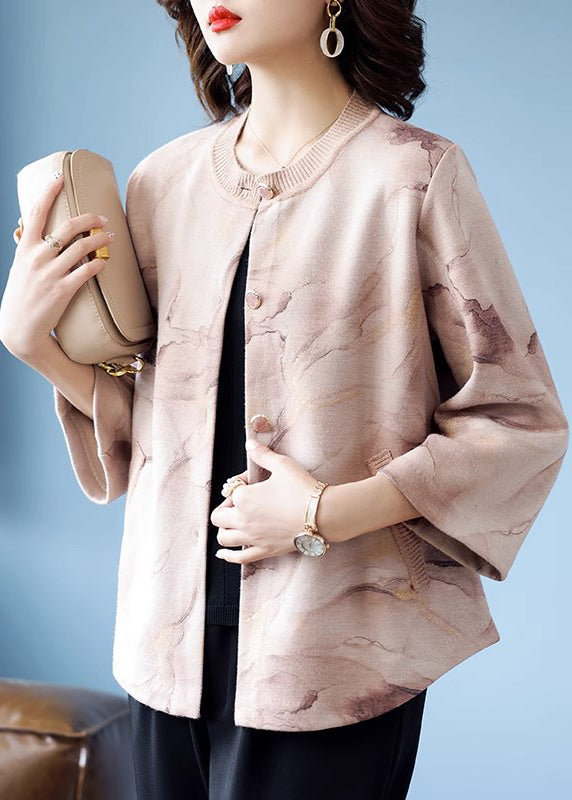 Cute Pink O-Neck Print Button Cotton Knit Coats Three Quarter Sleeve