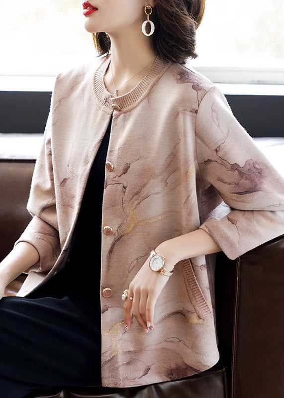 Cute Pink O-Neck Print Button Cotton Knit Coats Three Quarter Sleeve