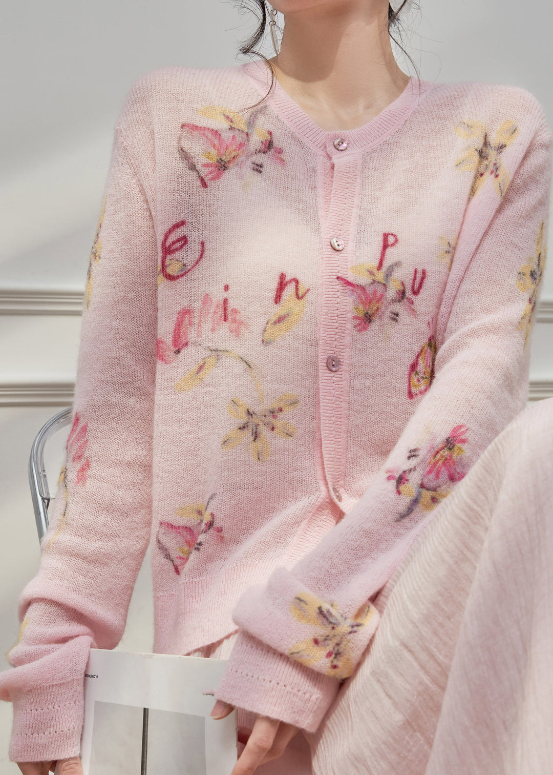 Cute Pink O-Neck Print Button Knit Cardigans Spring