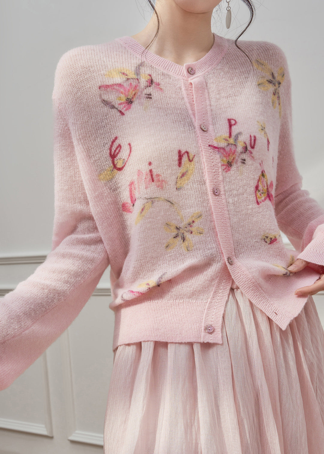 Cute Pink O-Neck Print Button Knit Cardigans Spring