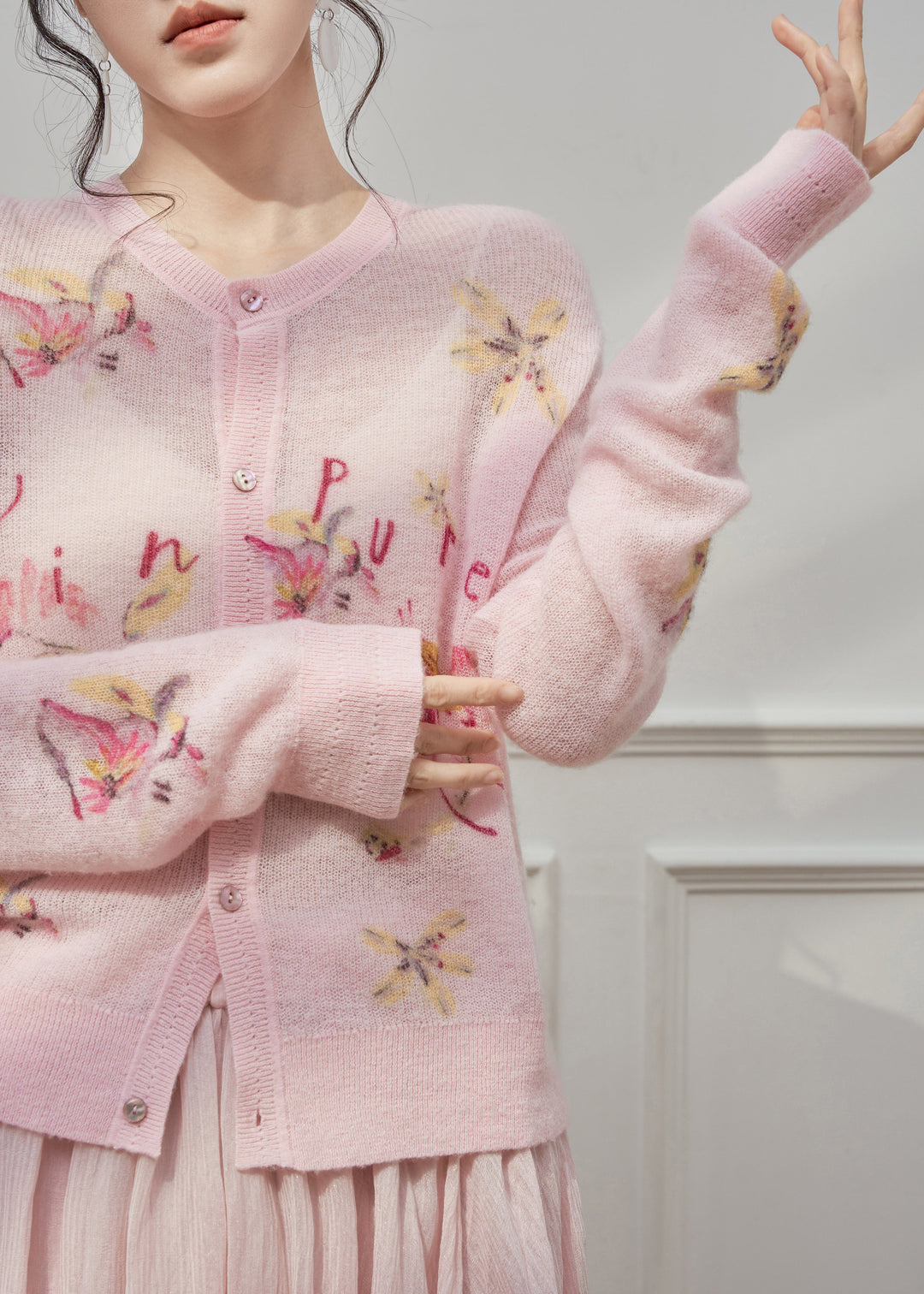Cute Pink O-Neck Print Button Knit Cardigans Spring