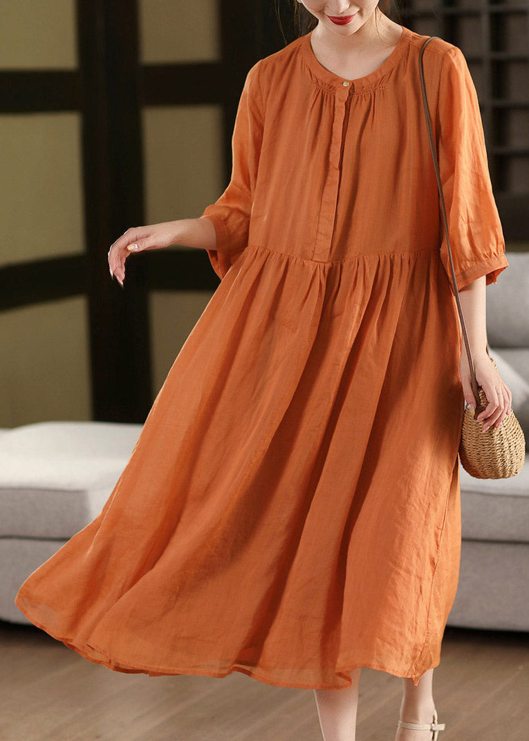 Cute Pink O-Neck Print Patchwork Linen Maxi Dress Half Sleeve