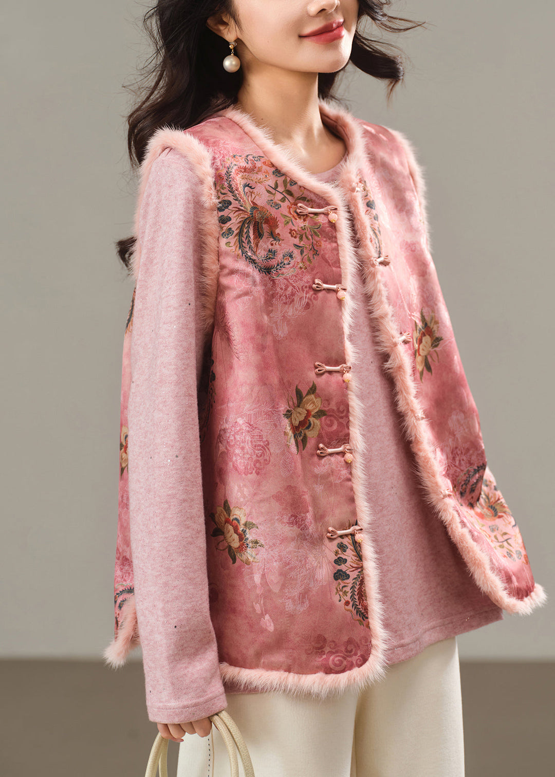 Cute Pink O-Neck Print Patchwork Mink Hair Waistcoat Winter