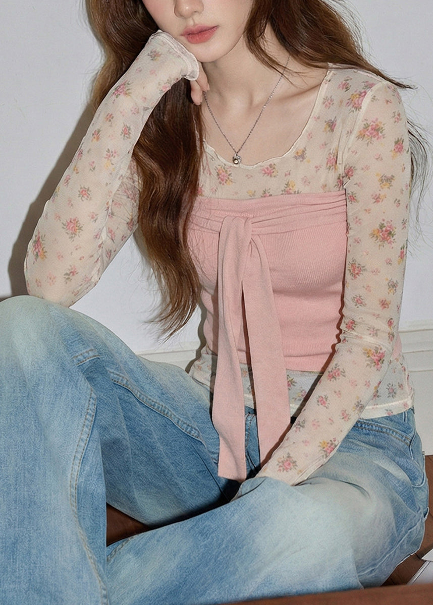 Cute Pink O-Neck Print Tie Waist Top Two Piece Set Long Sleeve