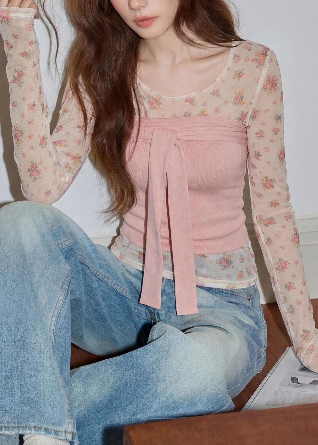 Cute Pink O-Neck Print Tie Waist Top Two Piece Set Long Sleeve