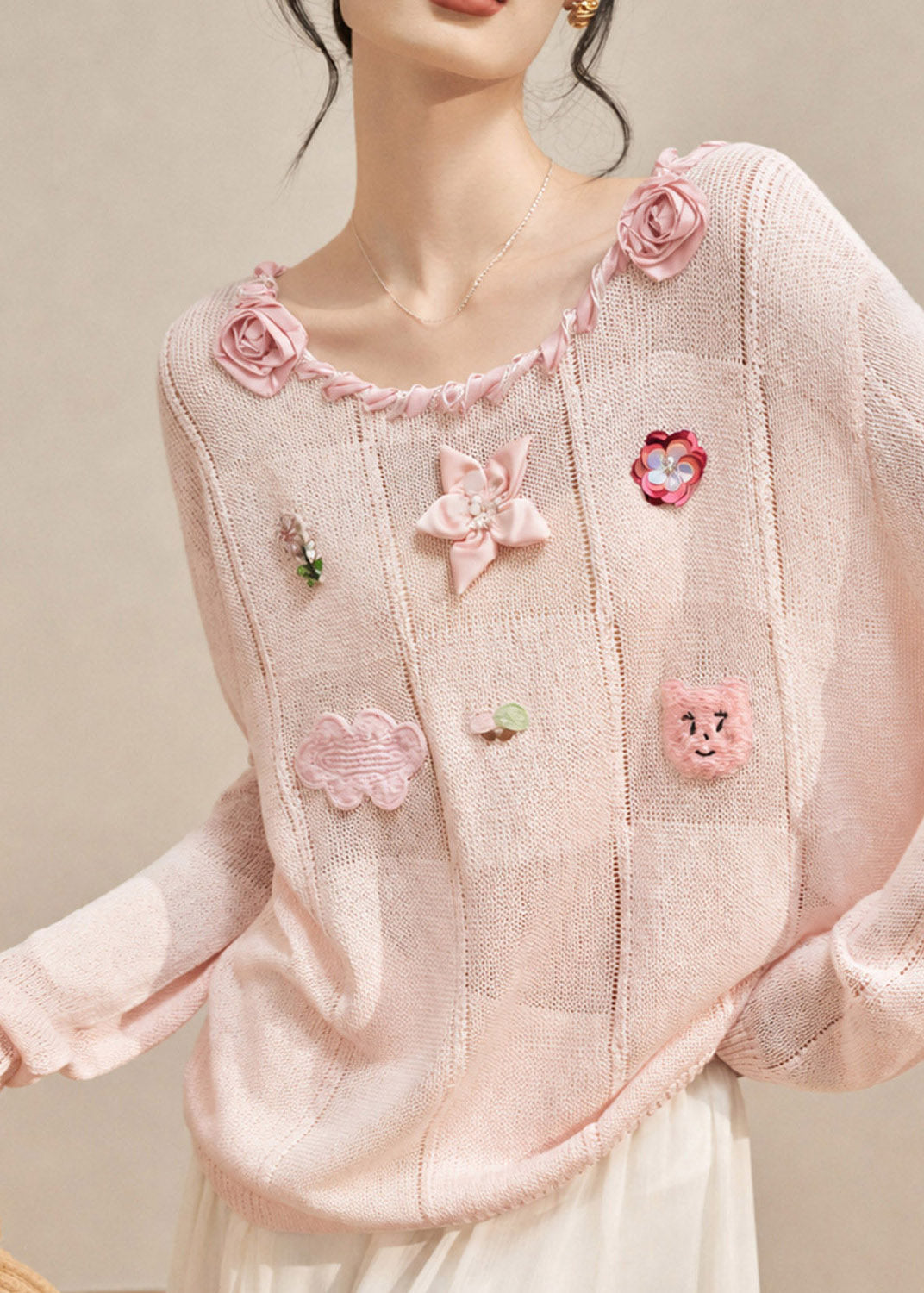 Cute Pink O-Neck Rose Cotton Knit Sweaters Fall