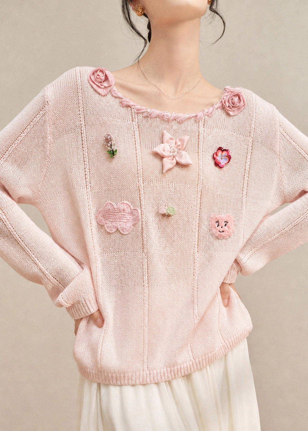 Cute Pink O-Neck Rose Cotton Knit Sweaters Fall
