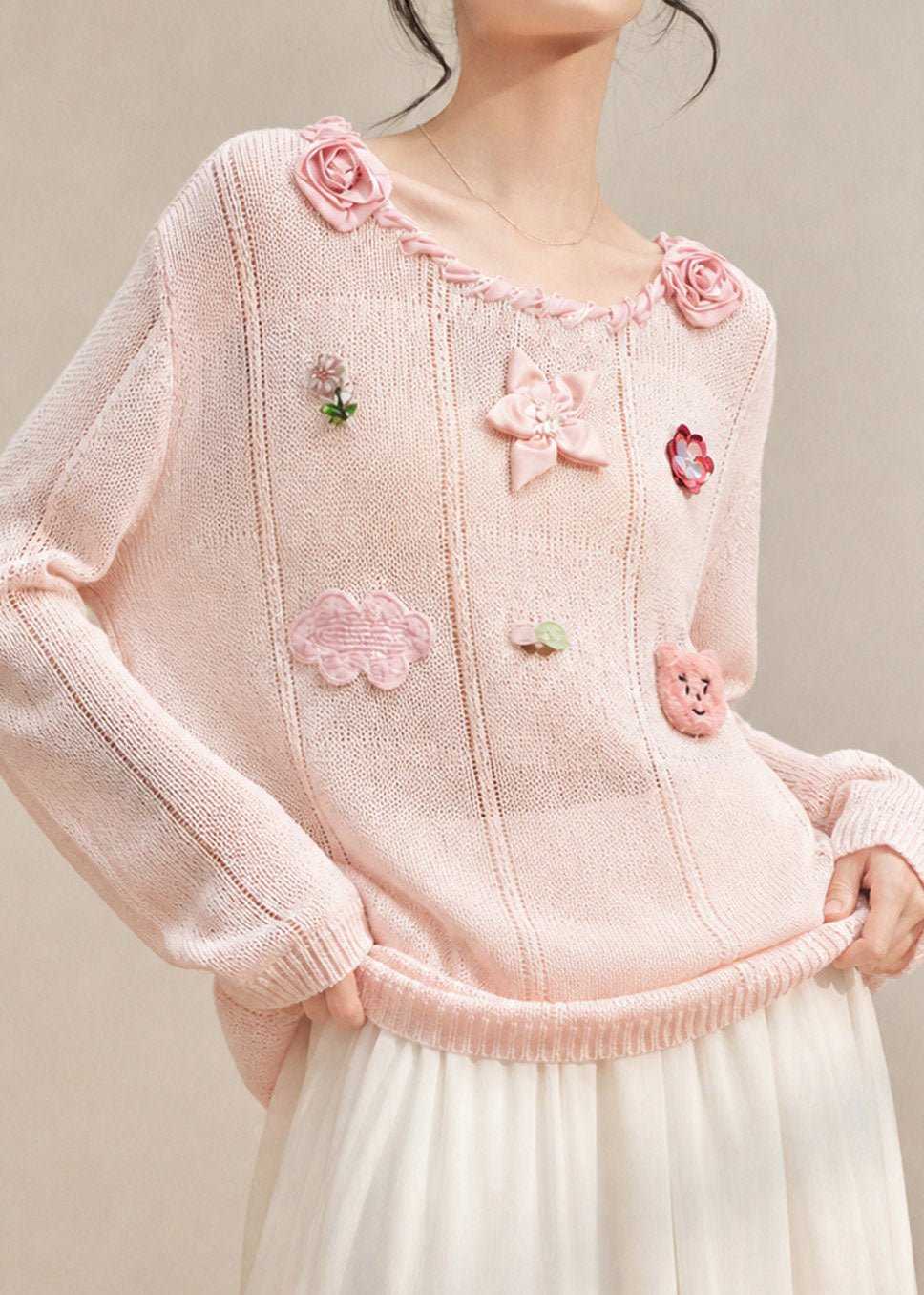Cute Pink O-Neck Rose Cotton Knit Sweaters Fall