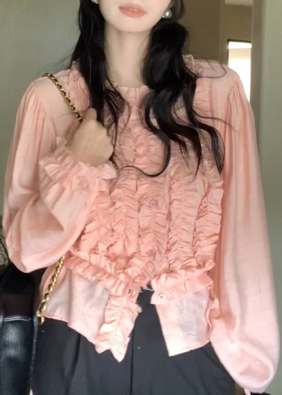Cute Pink O-Neck Ruffled Chiffon Top Lantern Sleeve