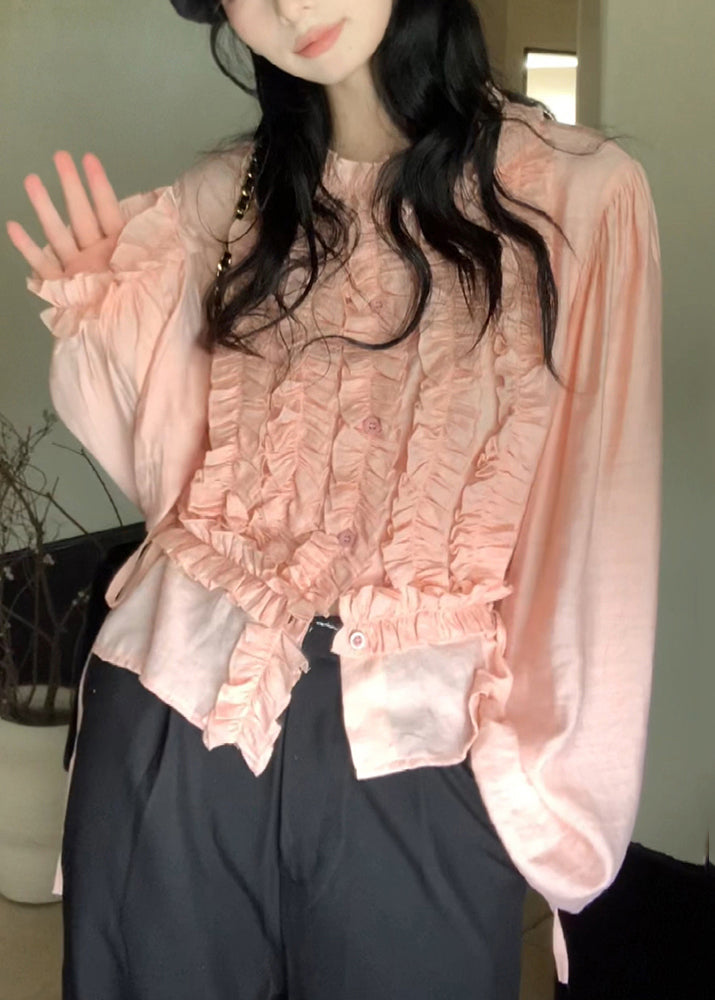Cute Pink O-Neck Ruffled Chiffon Top Lantern Sleeve