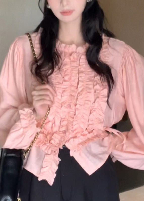 Cute Pink O-Neck Ruffled Chiffon Top Lantern Sleeve