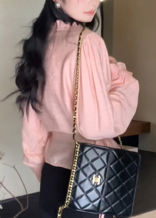 Cute Pink O-Neck Ruffled Chiffon Top Lantern Sleeve