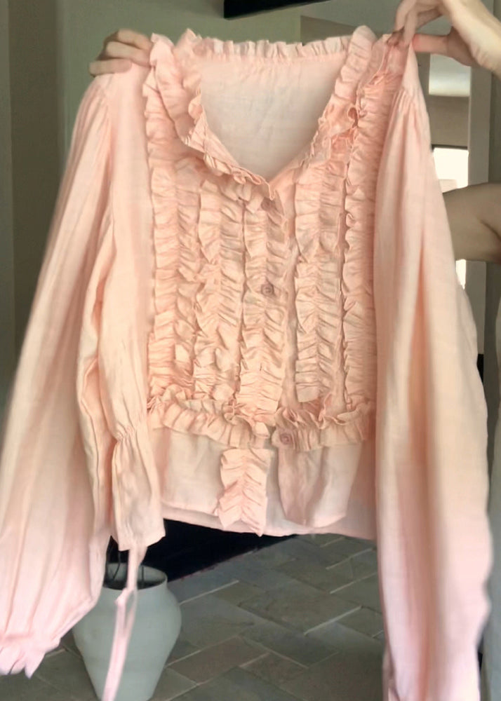 Cute Pink O-Neck Ruffled Chiffon Top Lantern Sleeve